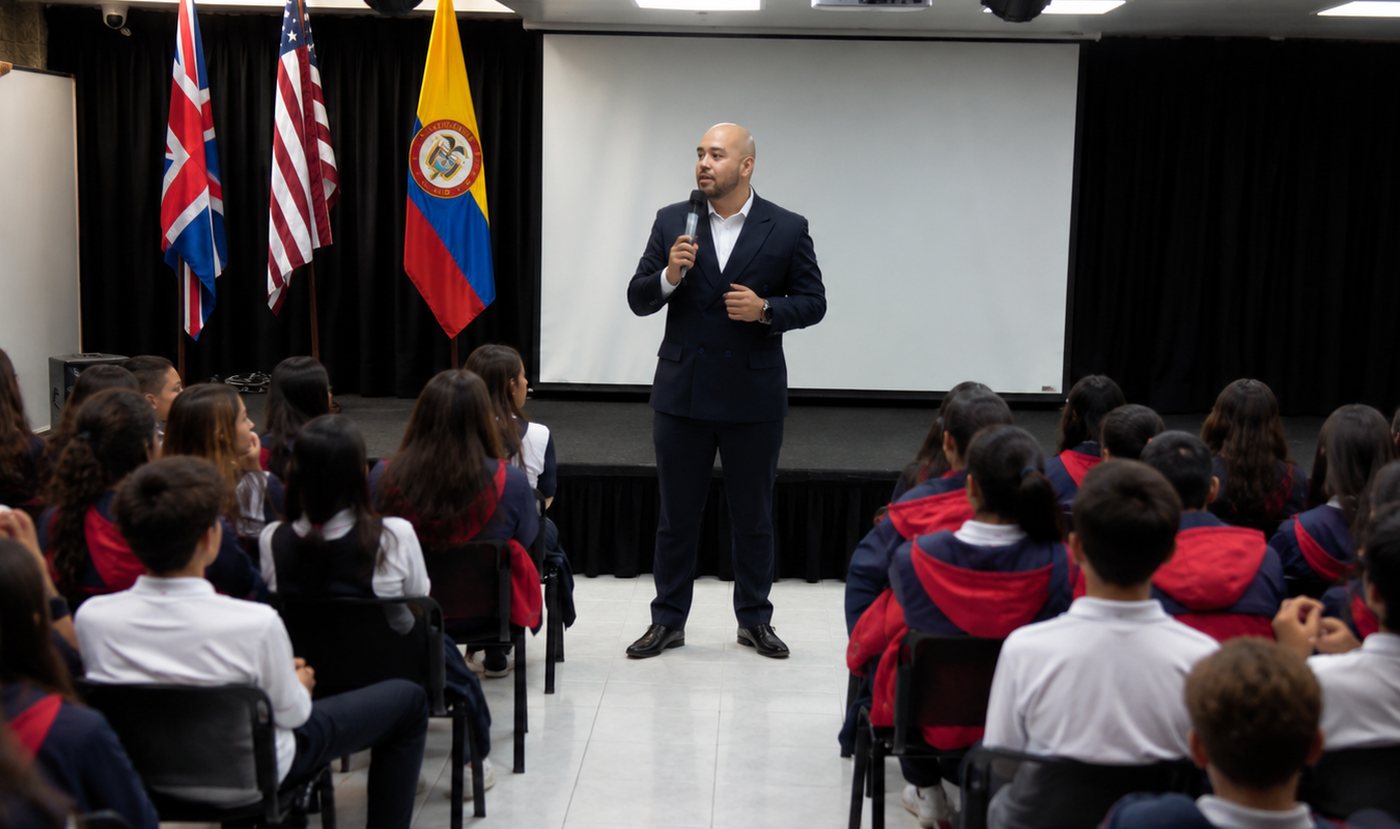 The vice-principal giving a talk to students